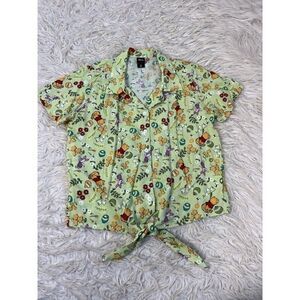 Disney Winnie The Pooh Green Floral Short Sleeve Tie Front Top Size Large NWOT